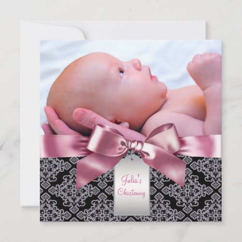 Pink Damask Baby Girl Photo Christening Announcements