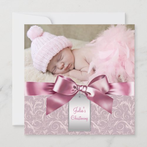 Pink Damask Baby Girl Photo Christening Invite