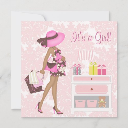 Pink Damask Baby Girl Shower Invitations