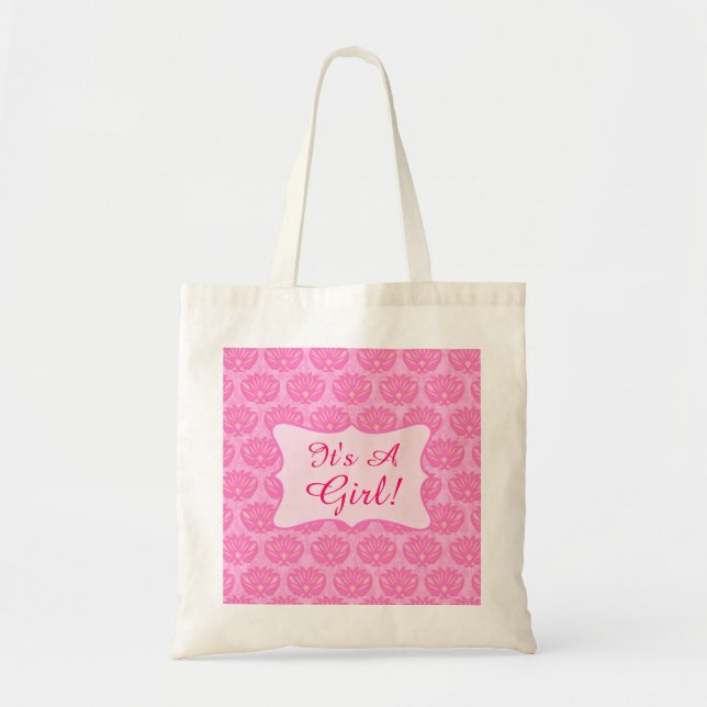 Pink Damask Baby Its a Girl Birth Annoucement Tote Bag (Front)