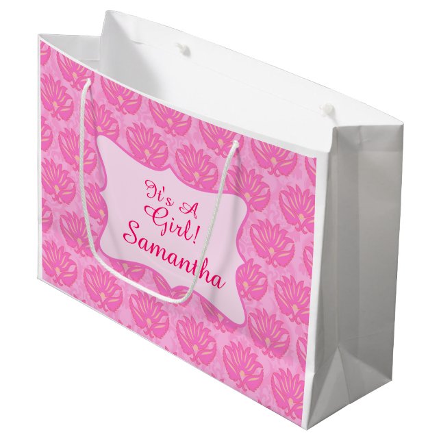 Pink Damask Baby Its a Girl Name Personalized Large Gift Bag (Front Angled)