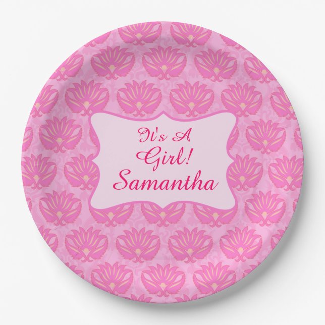 Pink Damask Baby Its a Girl Name Personalized Paper Plates (Front)