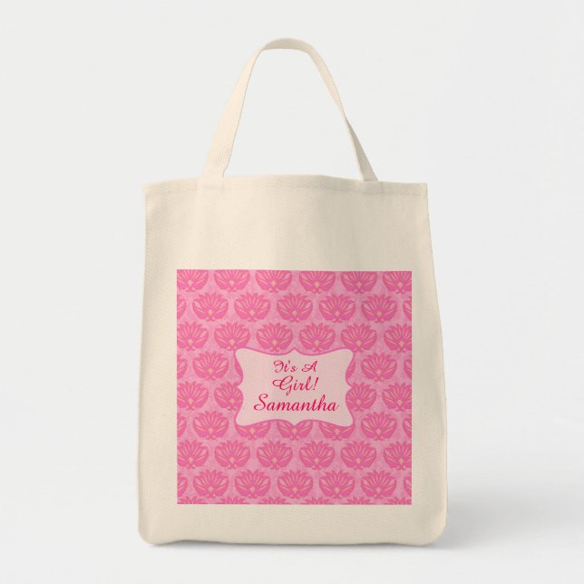 Pink Damask Baby Its a Girl Name Personalized Tote Bag (Front)