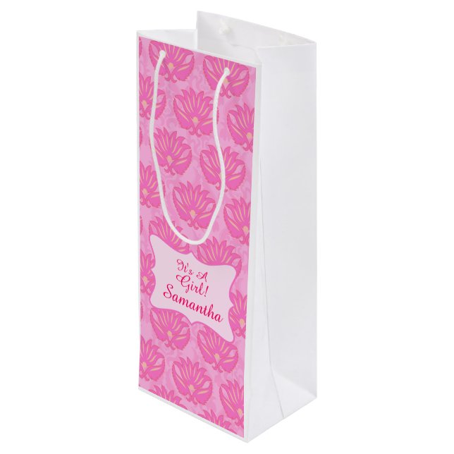 Pink Damask Baby Its a Girl Name Personalized Wine Gift Bag (Back Angled)