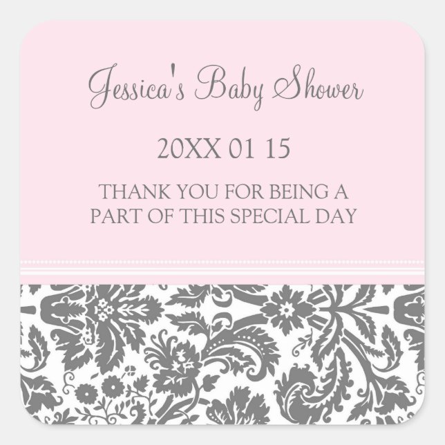 Pink Damask Baby Shower Favor Stickers (Front)