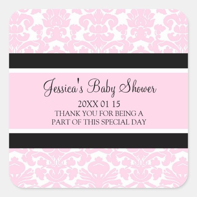Pink Damask Baby Shower Favor Stickers (Front)