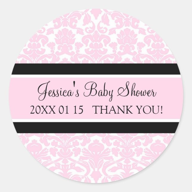 Pink Damask Baby Shower Favor Stickers (Front)