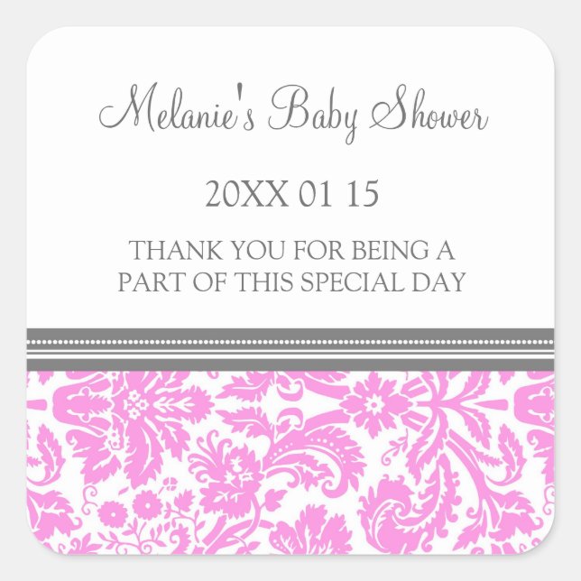 Pink Damask Baby Shower Favor Stickers (Front)