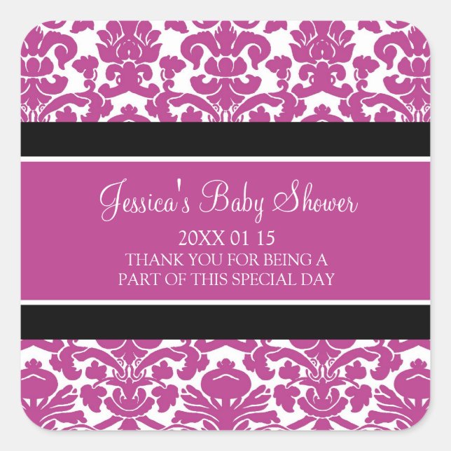 Pink Damask Baby Shower Favor Stickers (Front)