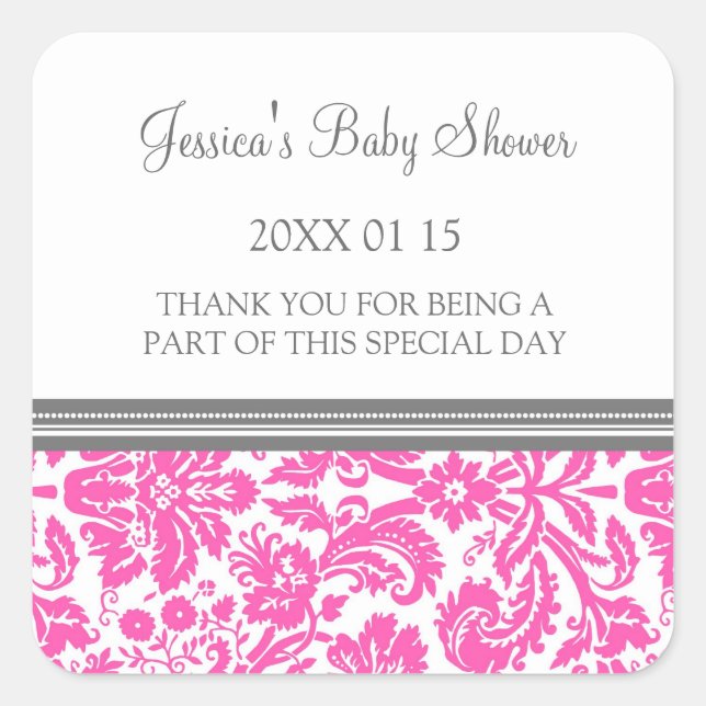 Pink Damask Baby Shower Favor Stickers (Front)