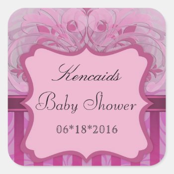 Pink Damask Baby Shower Square Sticker by TheInspiredEdge at Zazzle