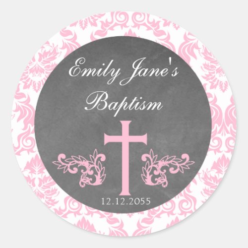 Pink Damask Baptism Favor Stickers Tags