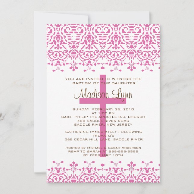 Pink Damask Baptism Invitation (Front)