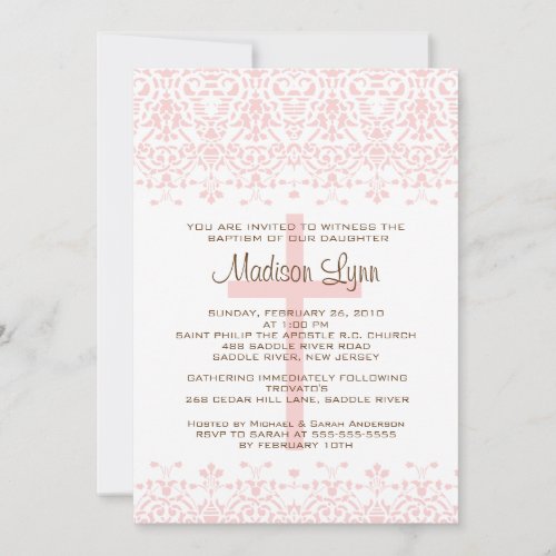 Pink Damask Baptism Invitation