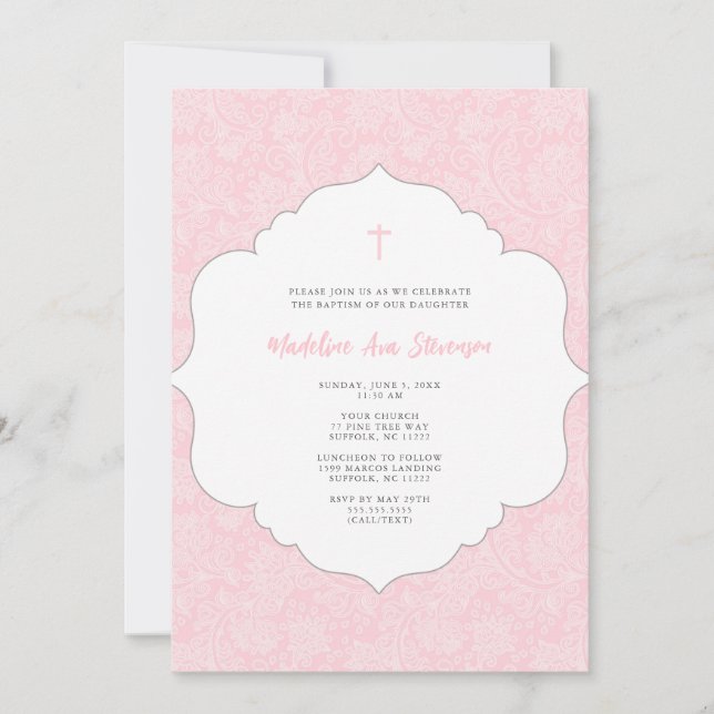 Pink damask baptism invitation (Front)