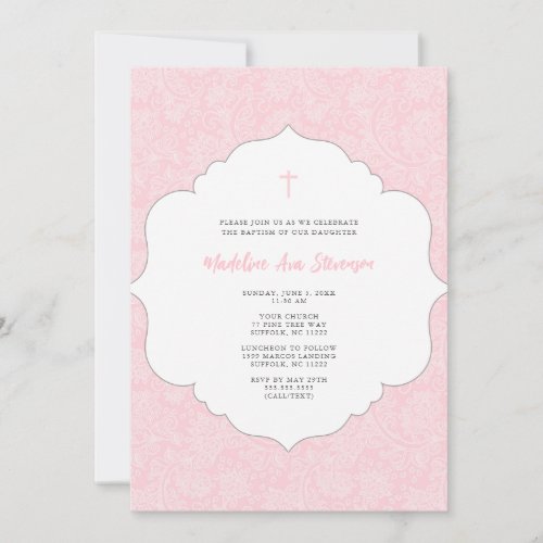 Pink damask baptism invitation