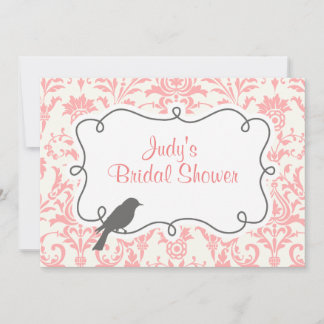 Pink Damask & Bird Bridal Shower Invitation Card