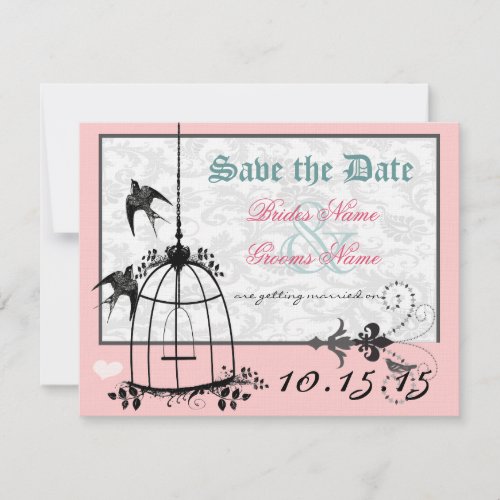 Pink Damask Bird Cage Wedding Save the Date Invitation