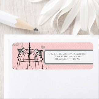 Pink Damask Birdcage Musical Notes and Heart Label