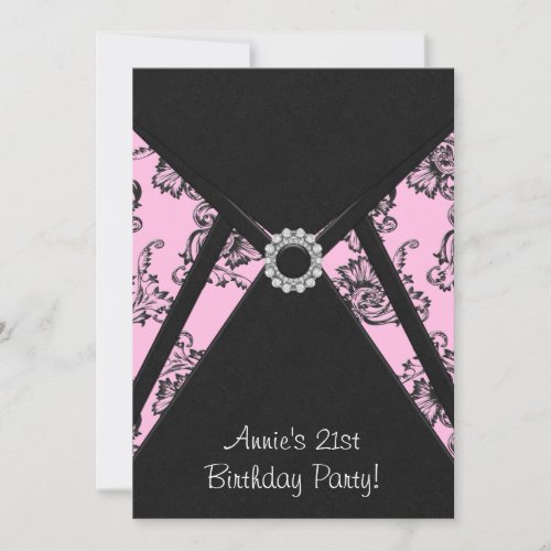 Pink Damask Black 21st Birthday Party Invitation