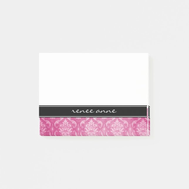 Pink Damask Black Personalized Post-it® Notes (Front)