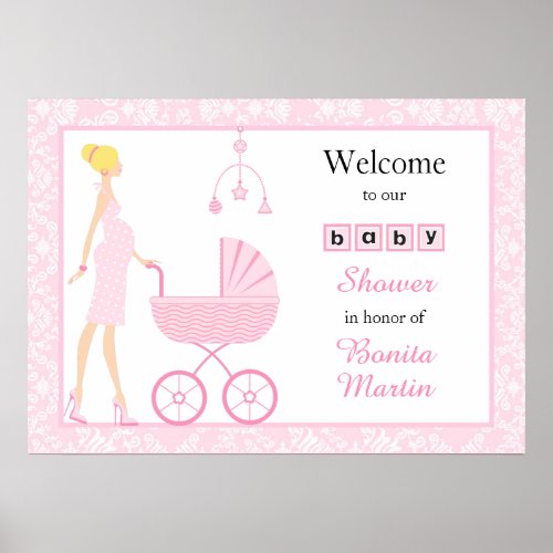 Pink Damask Blond Girl Baby Shower Poster