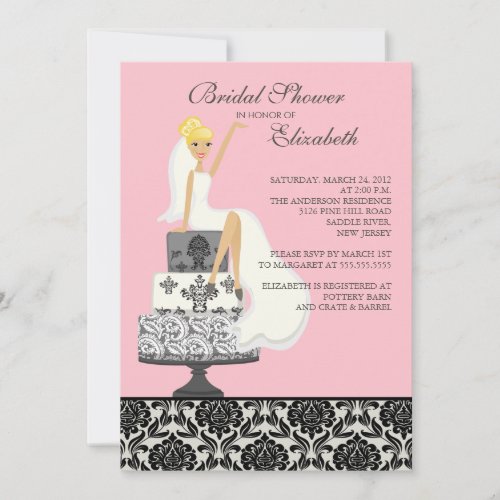 Pink Damask Blonde Bride Bridal Shower Invitation