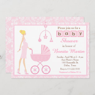 Pink Damask Blonde Expecting Girl Baby Shower Invitation