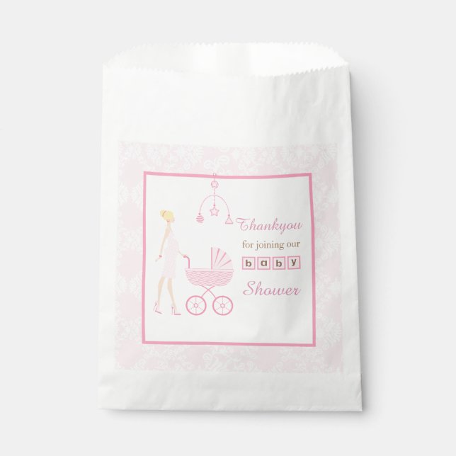 Pink Damask Blonde Woman Baby Shower Favor Bag (Front)