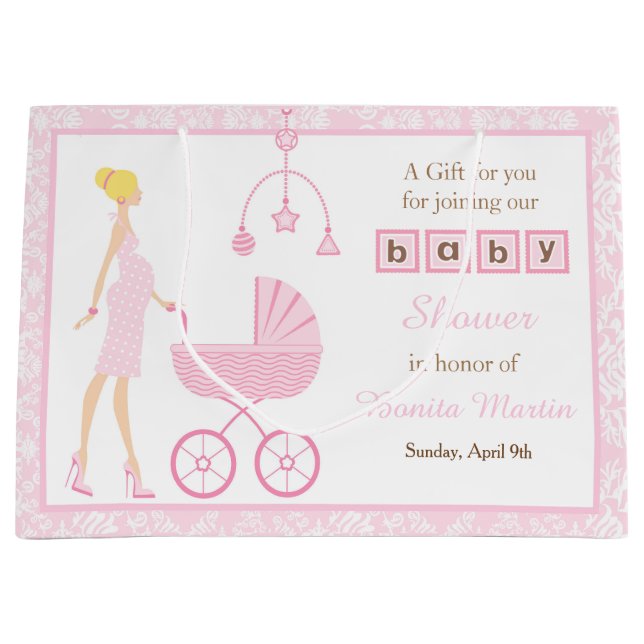 Pink Damask Blonde Woman Baby Shower Large Gift Bag (Front)