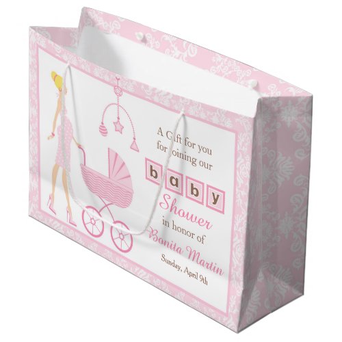 Pink Damask Blonde Woman Baby Shower Large Gift Bag