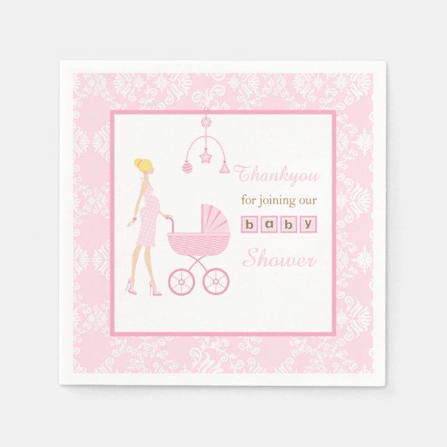 Pink Damask Blonde Woman Baby Shower Napkins (Front)