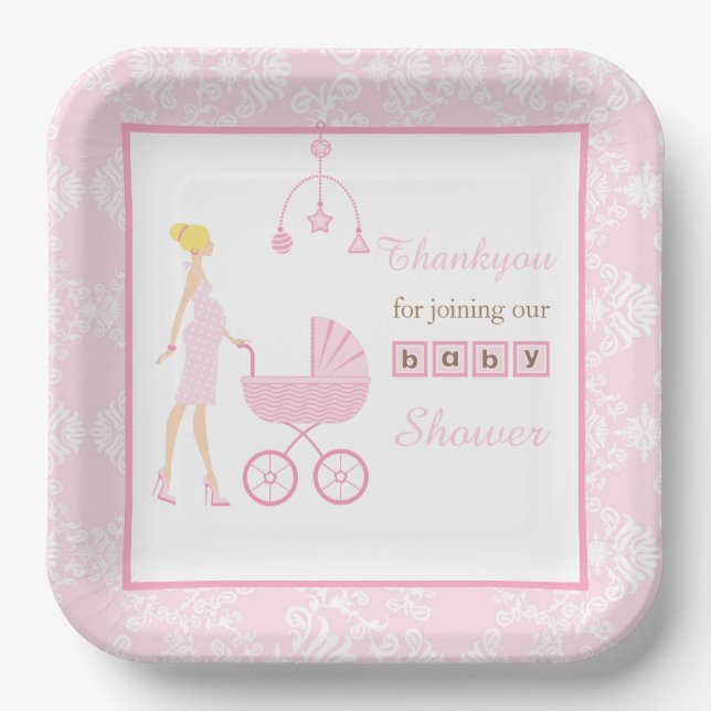 Pink Damask Blonde Woman Baby Shower Paper Plates (Front)