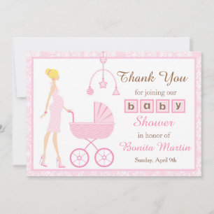 Pink Damask Blonde Woman Baby Shower Thank You Card