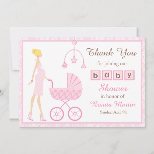 Pink Damask Blonde Woman Baby Shower Thank You Card