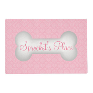 Pink Damask Bone Custom Name Dog | Pet Placemat