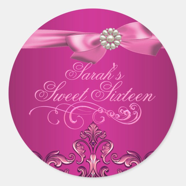 Pink Damask & Bow Sweet 16 Envelope Sticker/seal Classic Round Sticker (Front)