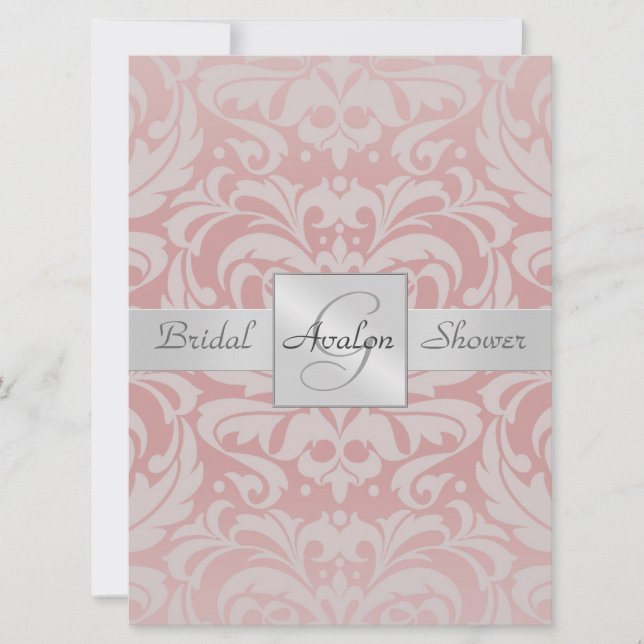Pink Damask Bridal Shower Monogram Invitation (Front)