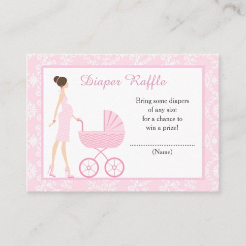 Pink Damask Brunette Baby Shower Diaper Raffle Enclosure Card