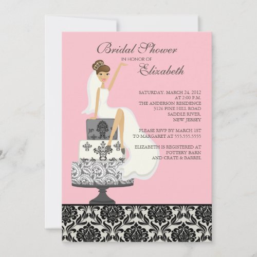 Pink Damask Brunette Bride Bridal Shower Custom Invite