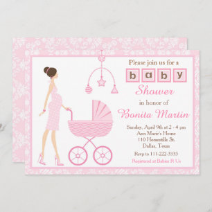 Pink Damask Brunette Expecting Girl Baby Shower Invitation
