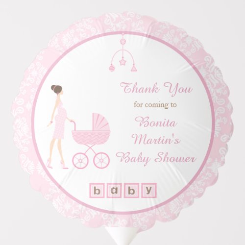 Pink Damask Brunette Woman Baby Shower Balloon