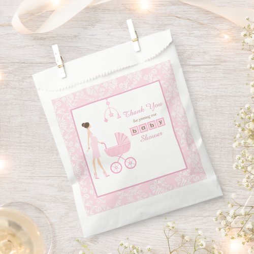 Pink Damask Brunette Woman Baby Shower Favor Bag