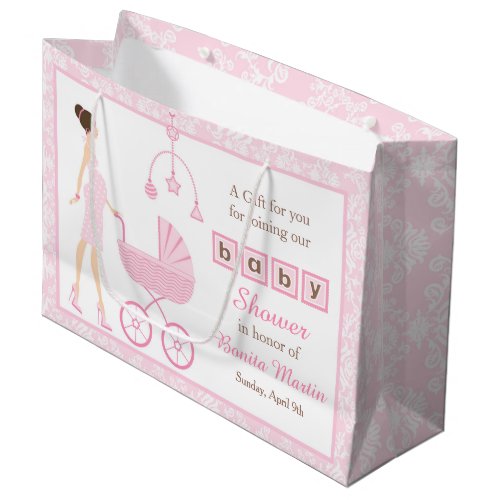 Pink Damask Brunette Woman Baby Shower Large Gift Bag