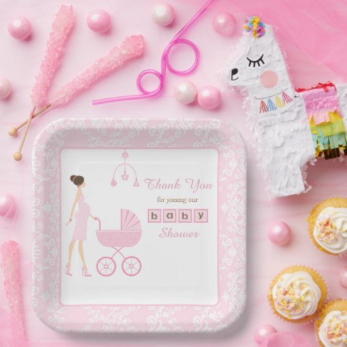 Pink Damask Brunette Woman Baby Shower Paper Plates