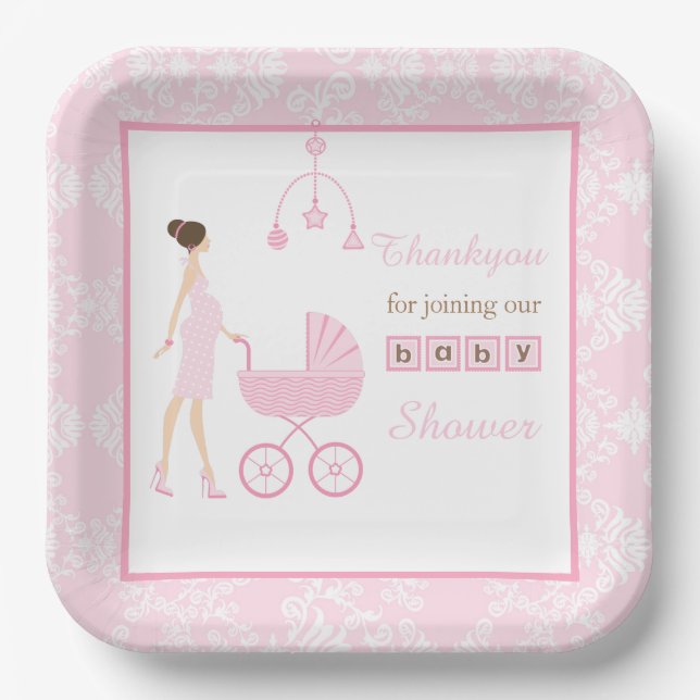 Pink Damask Brunette Woman Baby Shower Paper Plates (Front)