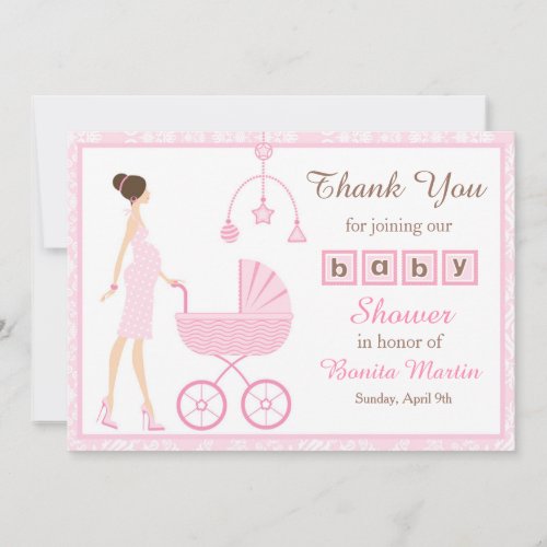 Pink Damask Brunette Woman Baby Shower Thank You Card