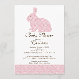 Pink Damask Bunny Baby Shower Invitation Baby Girl