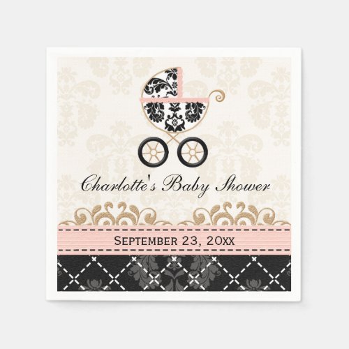Pink Damask Carriage Baby Shower Paper Napkins