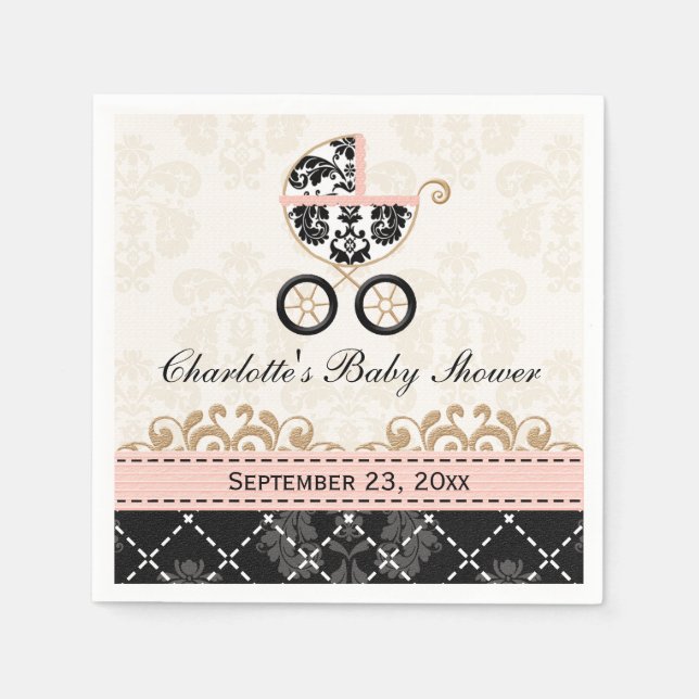 Pink Damask Carriage Baby Shower Paper Napkins (Front)